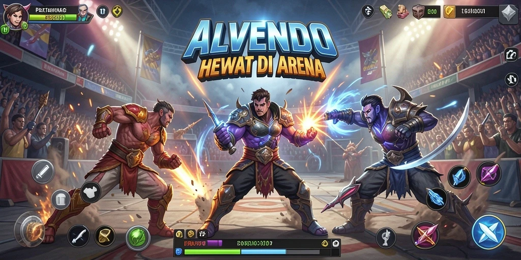 Tampilan gameplay seru dalam pertarungan arena ALVENDO.