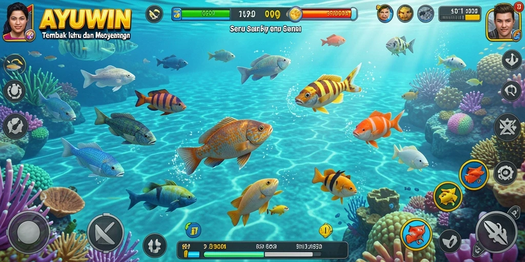 Screenshot gameplay AYUWIN menampilkan aksi tembak ikan yang seru.