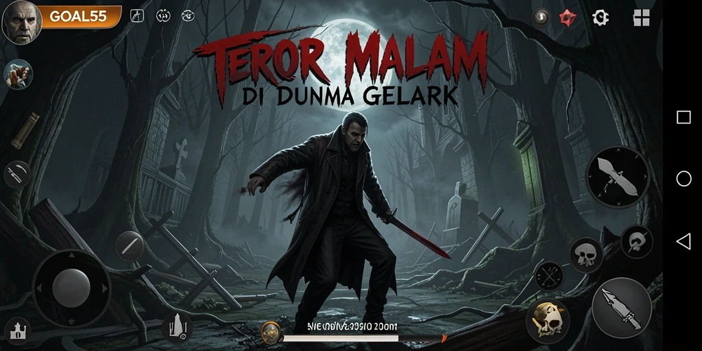 Screenshot gameplay GOAL55 menampilkan suasana horror yang mencekam.