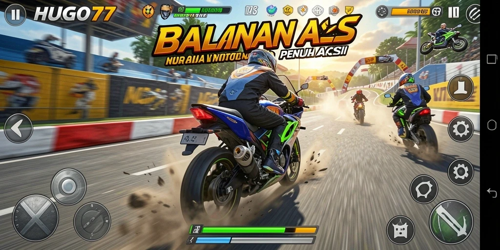 Screenshot HUGO77 menampilkan aksi balapan motor yang seru dan grafis menakjubkan.