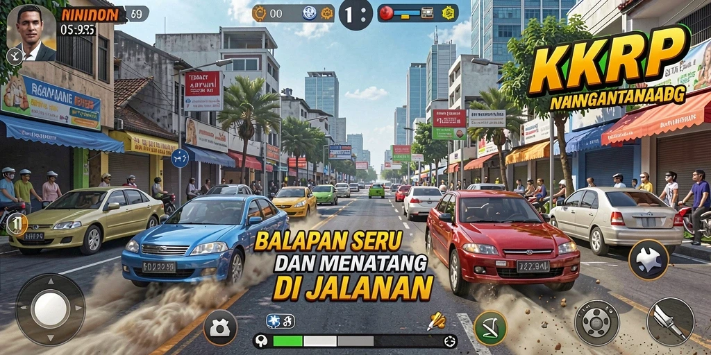 Screenshot gameplay KKRP menampilkan aksi balapan yang mendebarkan di lintasan.