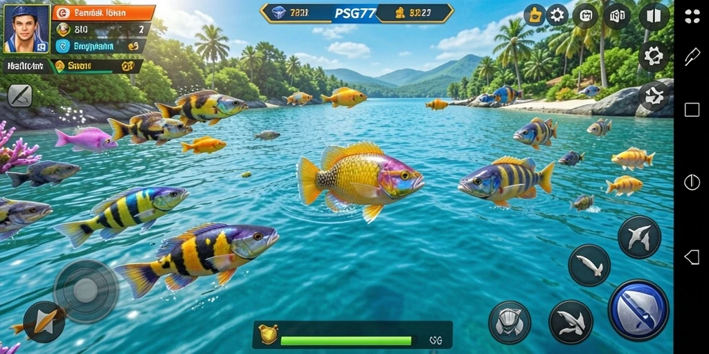 Tampilan gameplay seru dalam PSG77 saat menangkap ikan.