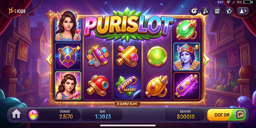 Tangkapan layar menunjukkan gameplay seru dari PURISLOT dengan simbol dan fitur menarik.