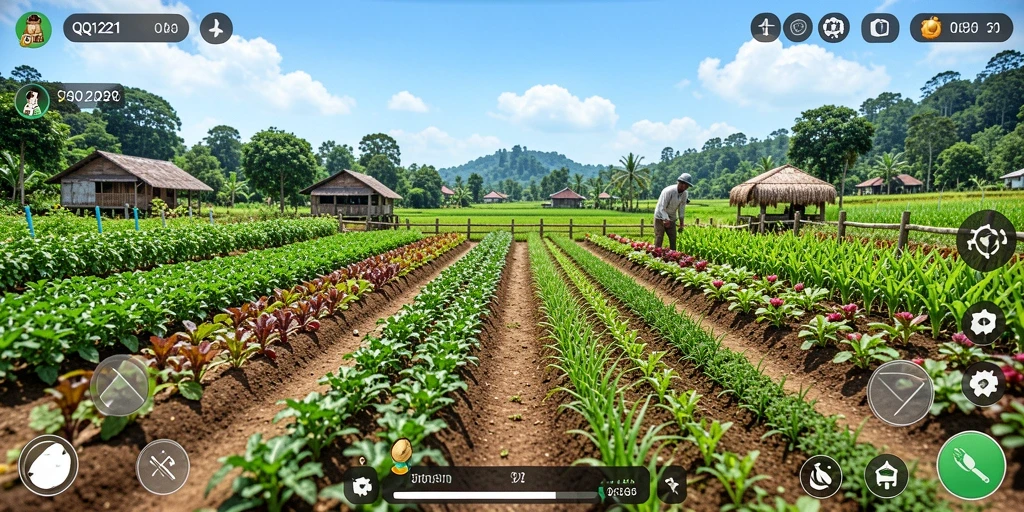 Tampilan gameplay menarik dari QQ1221 yang menunjukkan aktivitas bertani.