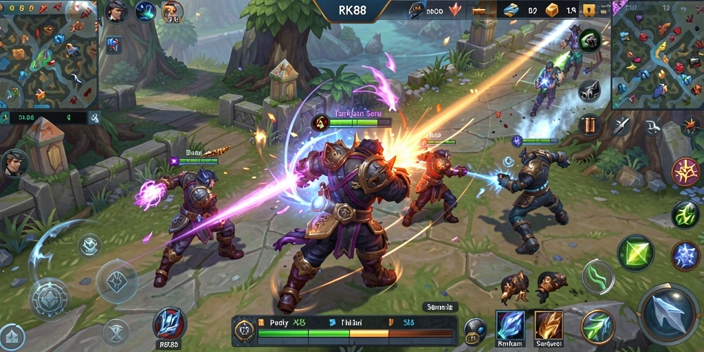 Screenshot gameplay RK88 menampilkan aksi pertarungan yang intens dan strategis.