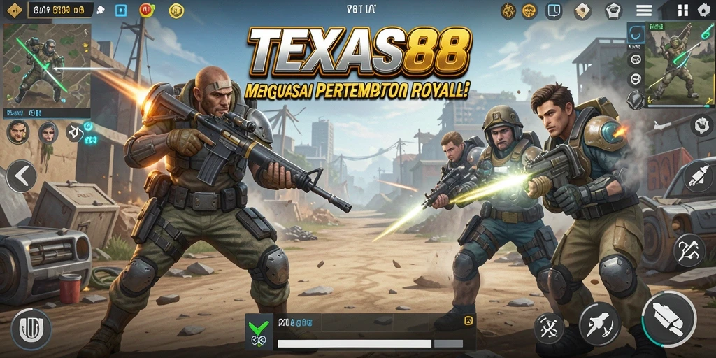 Screenshot utama TEXAS88 menampilkan aksi mendebarkan dalam pertempuran Battle Royale.
