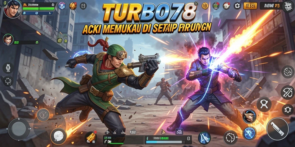 Tampilan gameplay penuh aksi dari TURBO78 dengan karakter yang menonjol.